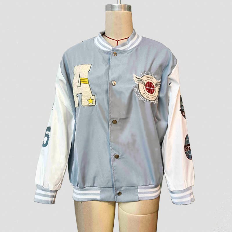COLOR CONTRAST LETTER PRINT BASEBALL JACKET