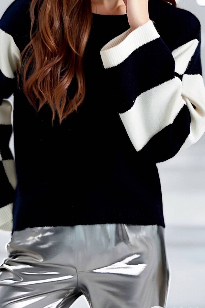 CWOSWL6949_COLORBLOCK PRINTED CREWNECK PULLOVER SWEATER