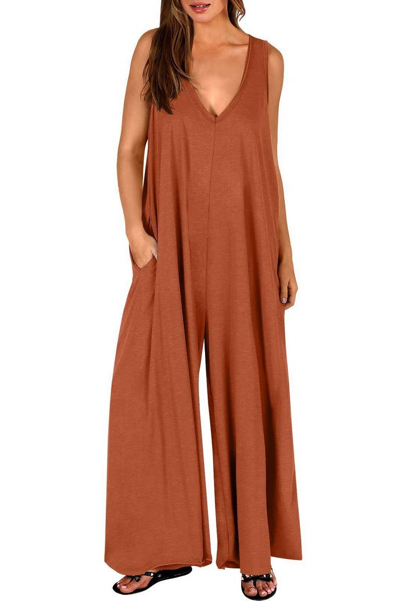 CWSJS1434_SOLID COLOR V-NECK POCKET THIN JUMPSUIT