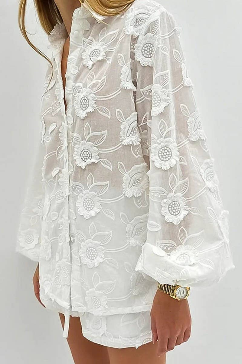 CWSTB1921_EMBROIDERED SHEER SHIRT & LACE SHORTS SET