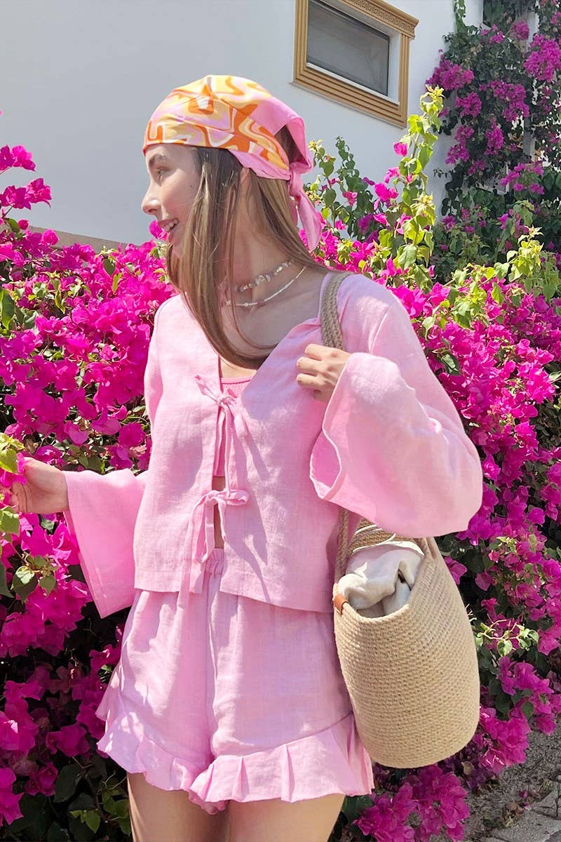 CWSTB1813_COTTON TIE-FRONT CARDIGAN & SHORTS SET