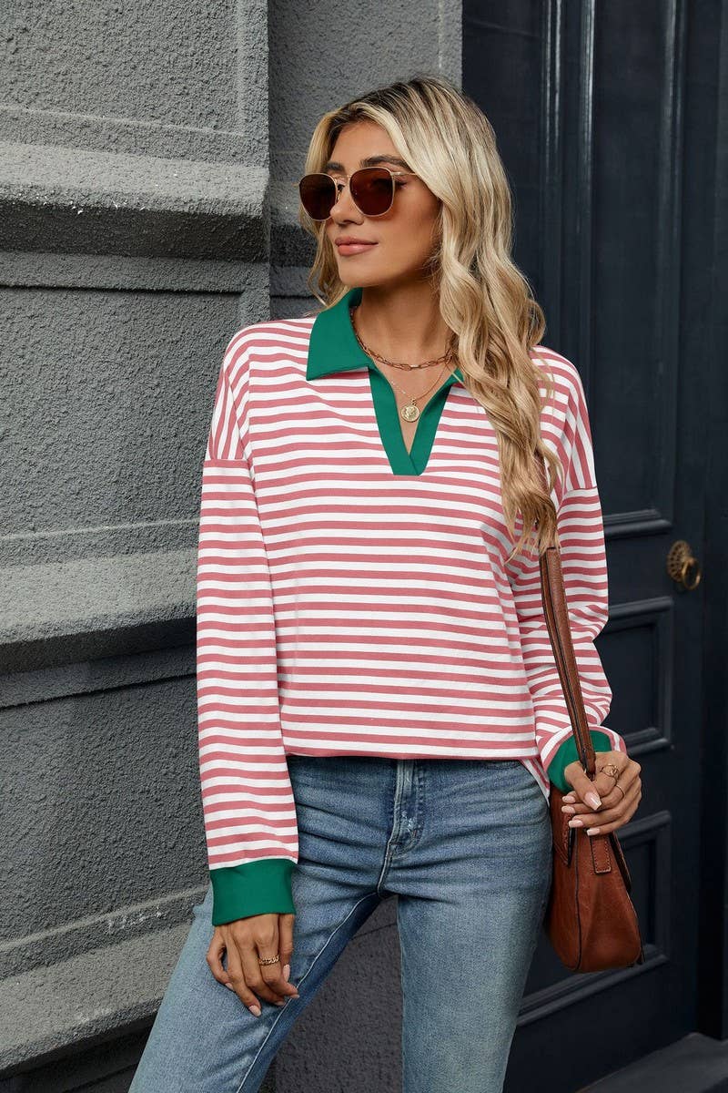 CWTBLL2361_CONTRAST COLOR LAPEL LOOSE STRIPED SWEATSHIRT