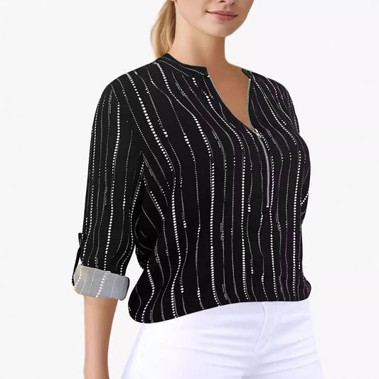Casual elegant striped zipper long-sleeved shirt