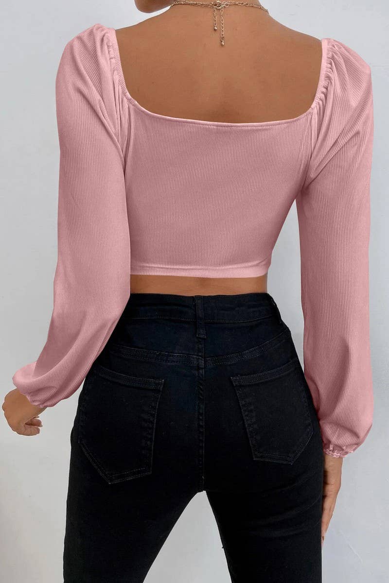 CWTBLL2226_SQUARE NECK LANTERN SLEEVES SHORT SOLID COLOR TOP