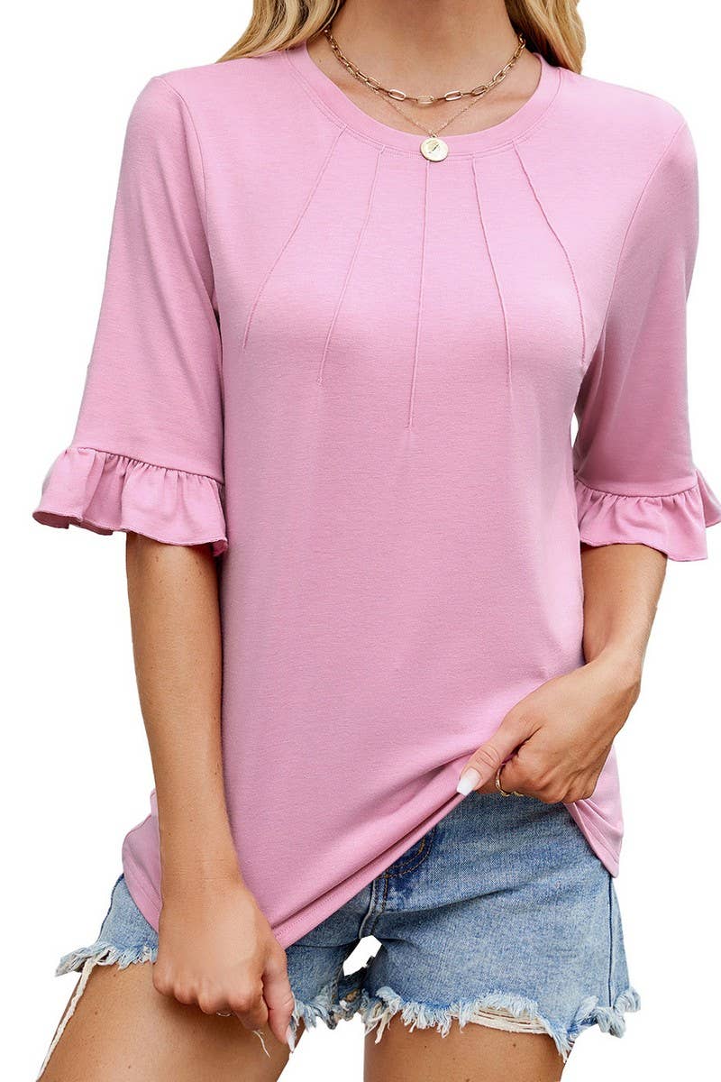 CWTTS1329_SUMMER NEW ROUND NECK LOTUS LEAF SLEEVES T-SHIRT