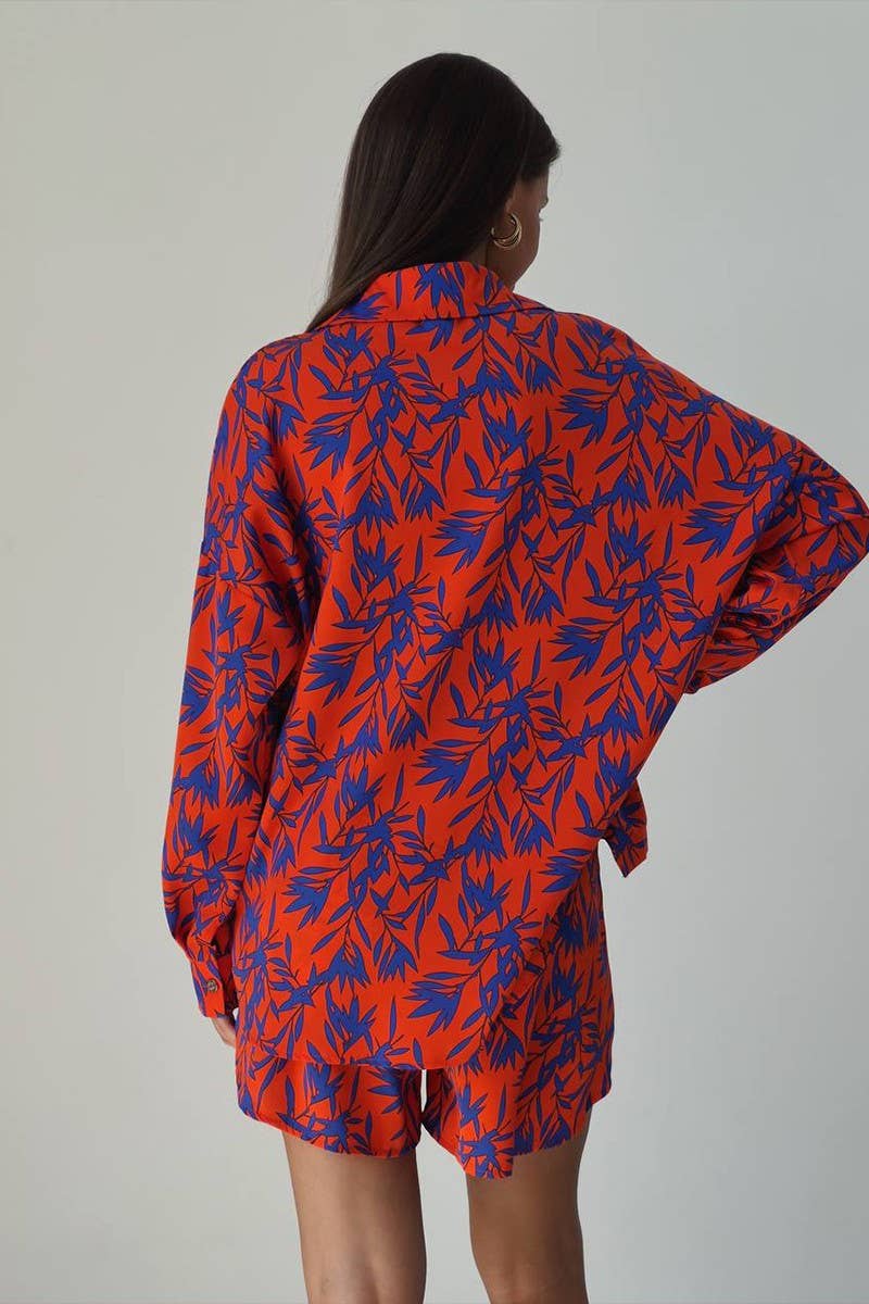 CWSTB1824_ORANGE BAMBOO PRINT SHIRT AND SHORTS SET
