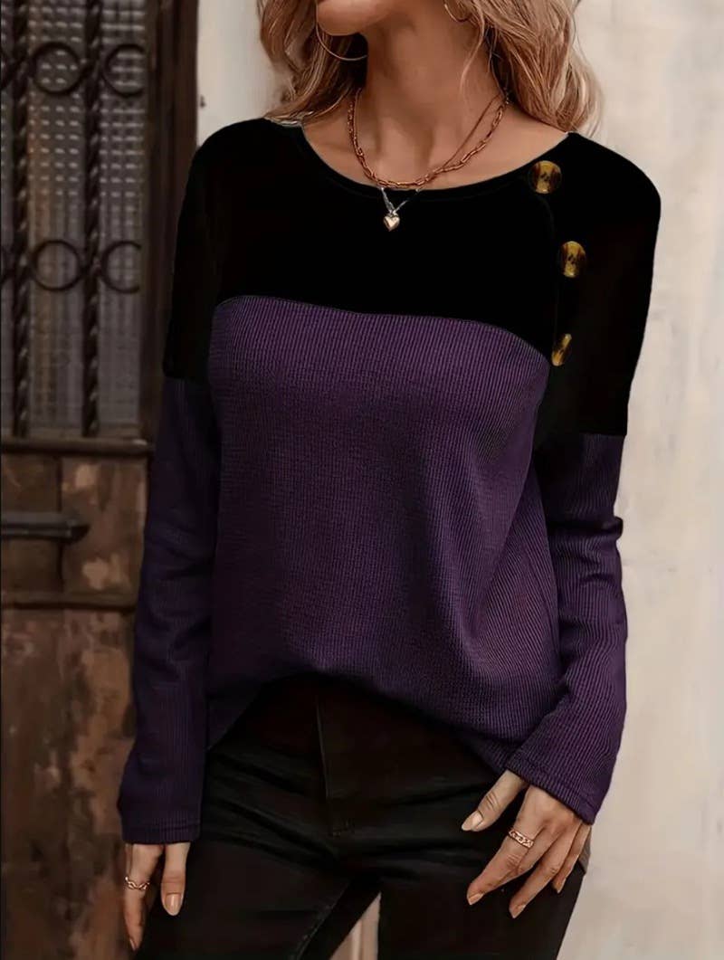 BUTTON EMBELLISHED COLOR PULLOVER SWEATER