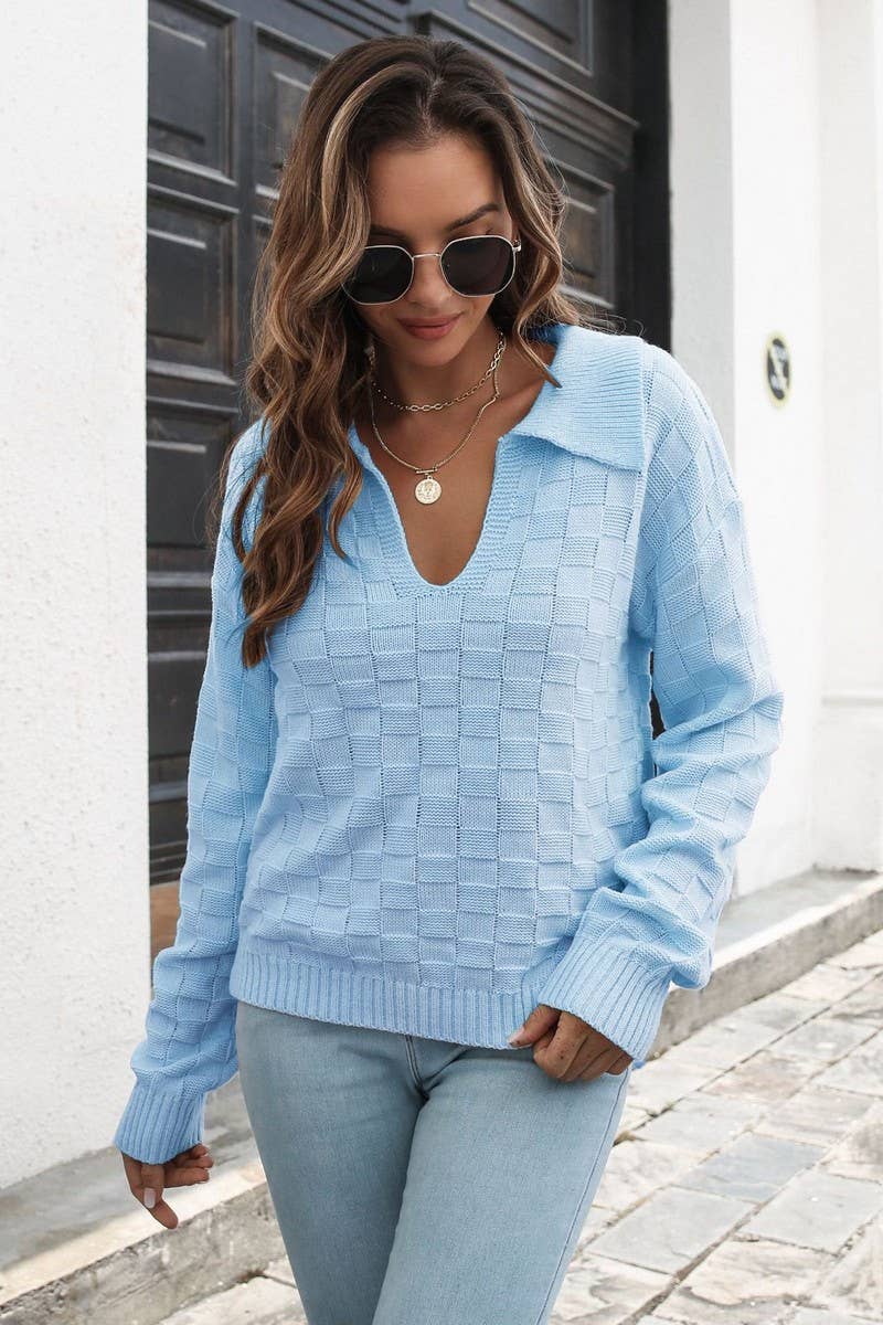 CWOSWL6854_NEW LOOSE THREE-DIMENSIONAL PLAID LAPEL SWEATER