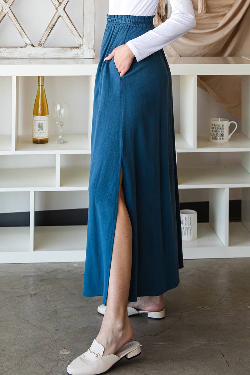 CWBLS132-S_SIDE SLIT DETAILED MAXI LINEN SKIRT