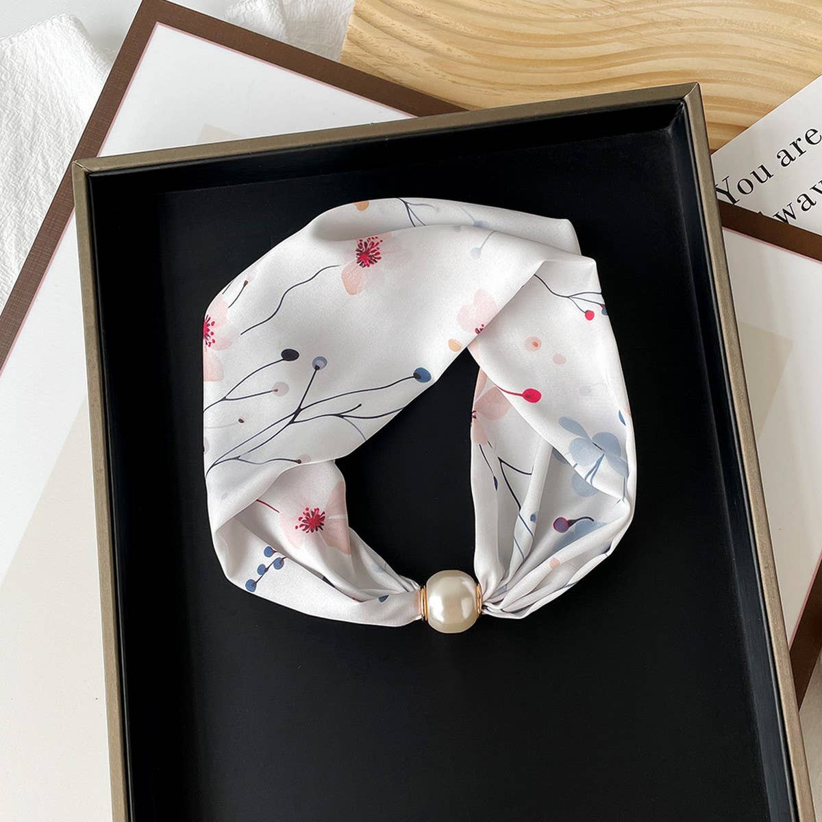 Silky Print Scarf Necklace ? Pearl Magnetic Clasp