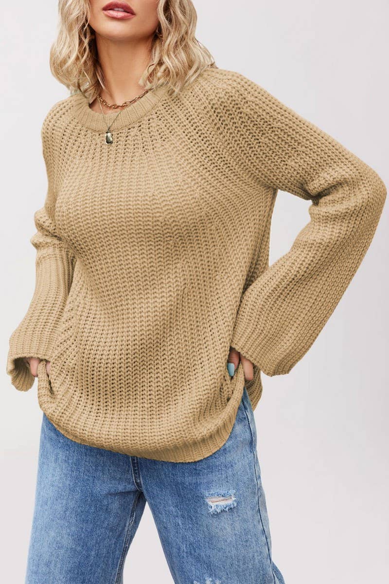 CWOSWL6853_ROUND NECK TRUMPET SLEEVE SOLID COLOR SWEATER