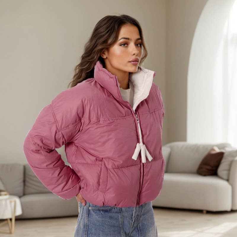 CONTRASTING COLOR ZIPPER STAND-UP COLLAR JACKET