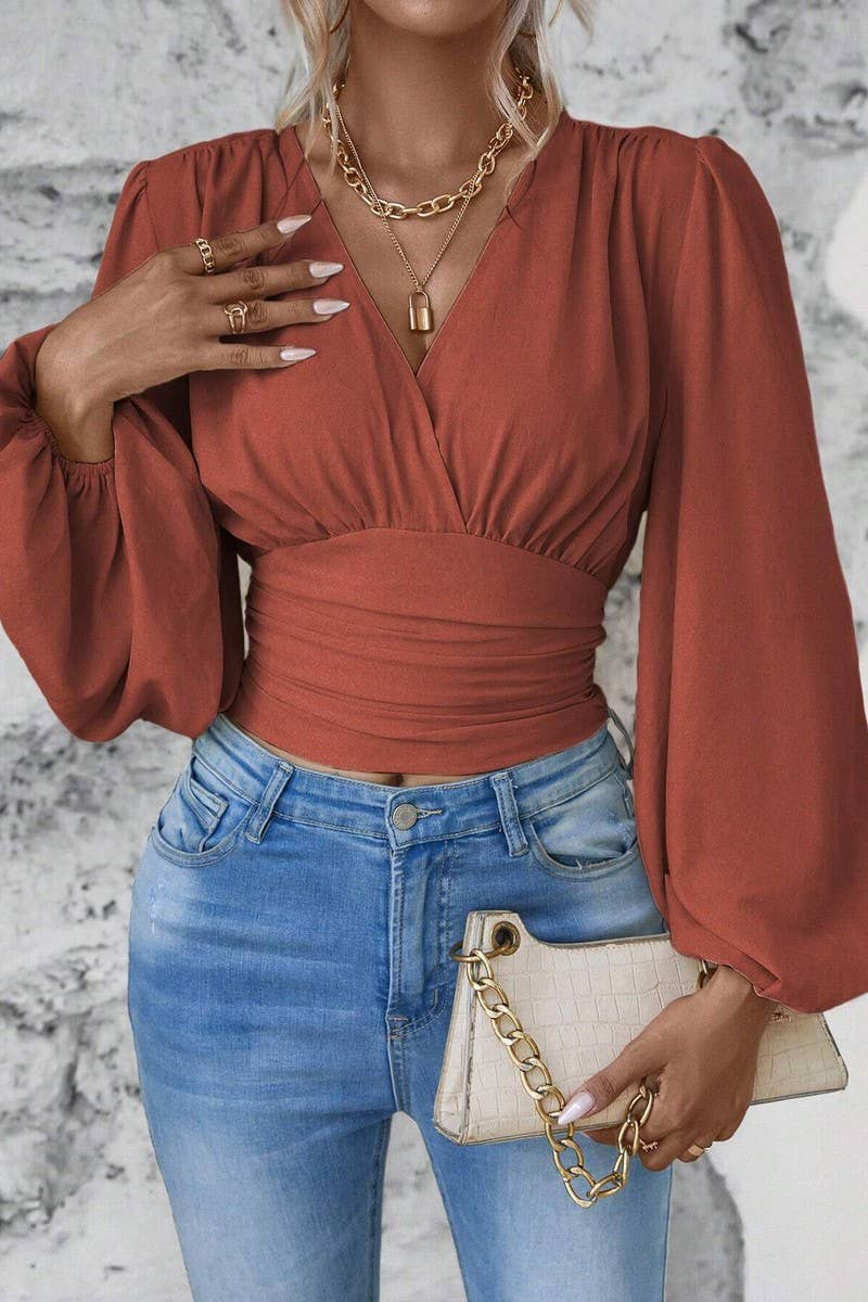 CWTTL2007_SPRING AND AUTUMN FASHION WAIST V-NECK TOP