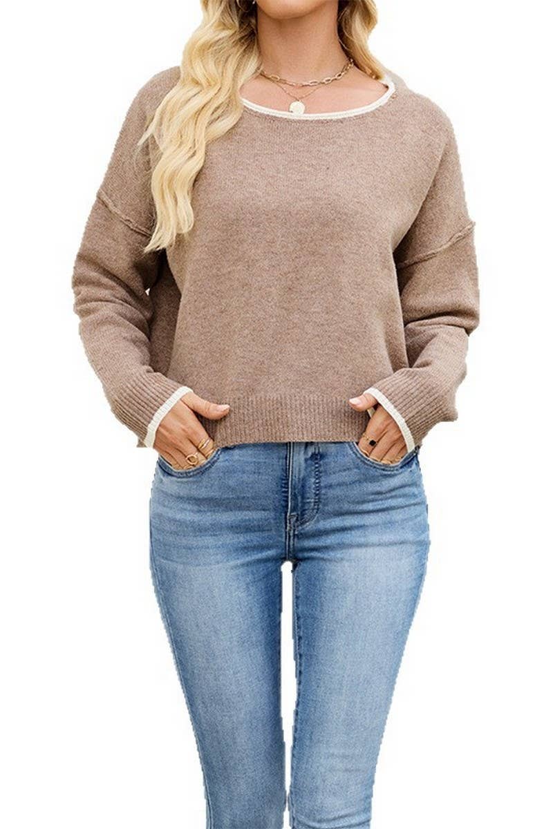 CWOSWL7019_ROUND NECK COLORBLOCK LOOSE PULLOVER SWEATER