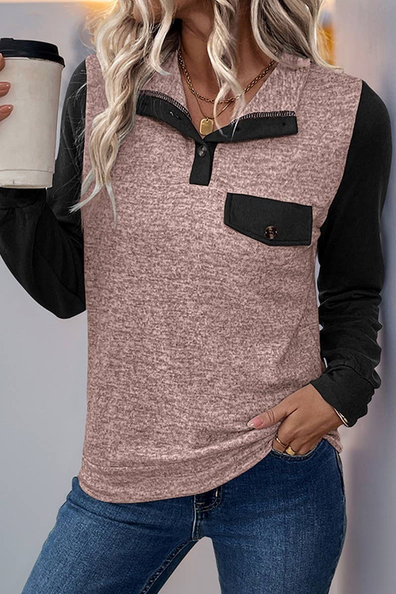 CWTBLL3707_CASUAL PULLOVER LAPEL CONTRAST COLOR SWEATSHIRT