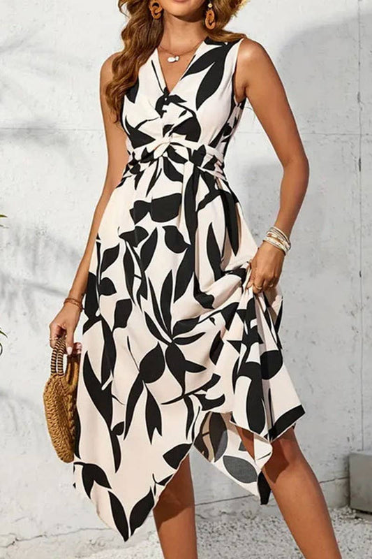 CWDSD3740_LEAF PRINT KINK IRREGULAR MIDI DRESS