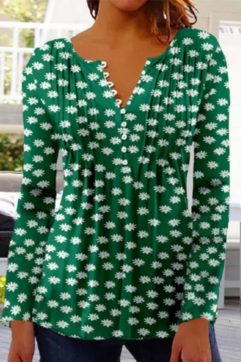 CWTTS1452_SPRING AND SUMMER V-NECK FLORAL BOTTOMING SHIRT