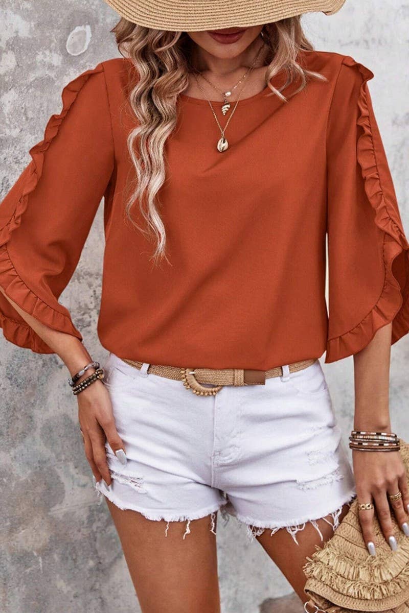 CWTBLS2263_LACE TRIM CREW NECK 3/4 SLEEVE ASYMMETRICAL TOP