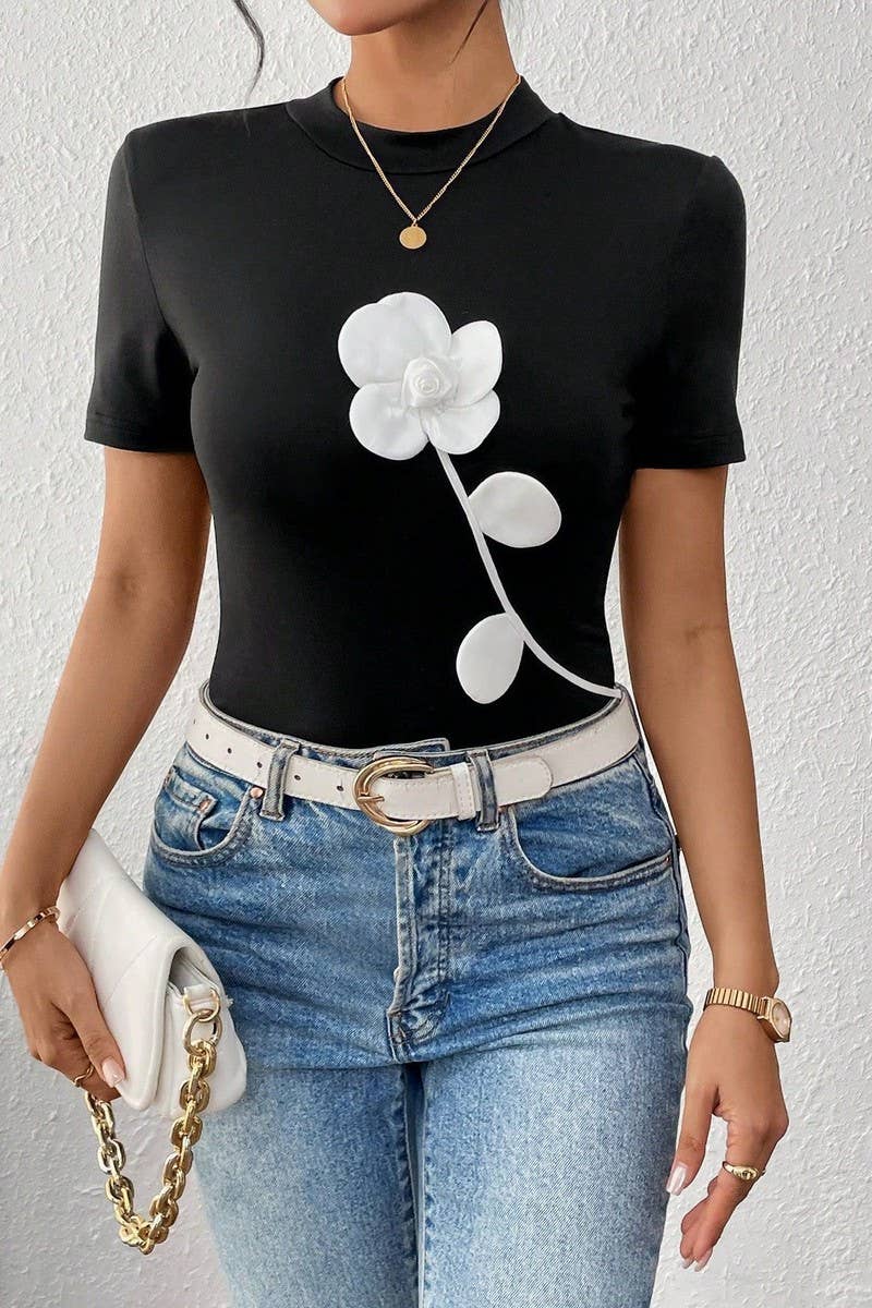 CWTTS1453_COLORBLOCK 3D FLORAL EMBROIDERED SLIM TEE
