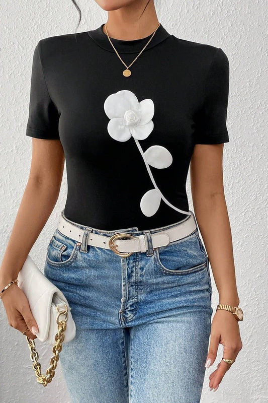 CWTTS1453_COLORBLOCK 3D FLORAL EMBROIDERED SLIM TEE