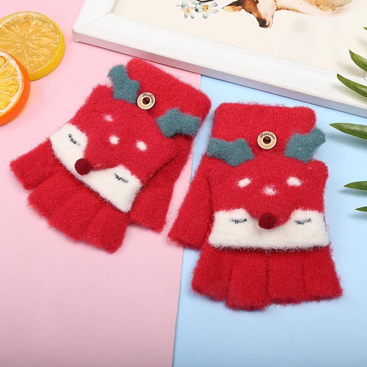 CWAG00564_KIDS WINTER KNIT FOX FINGER FLIP GLOVES