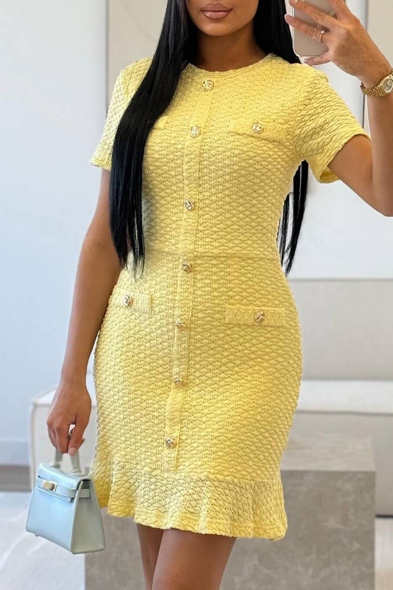 CWDSD10833_SOLID BUTTON FRONT SLIM FIT SHORT SLEEVE DRESS