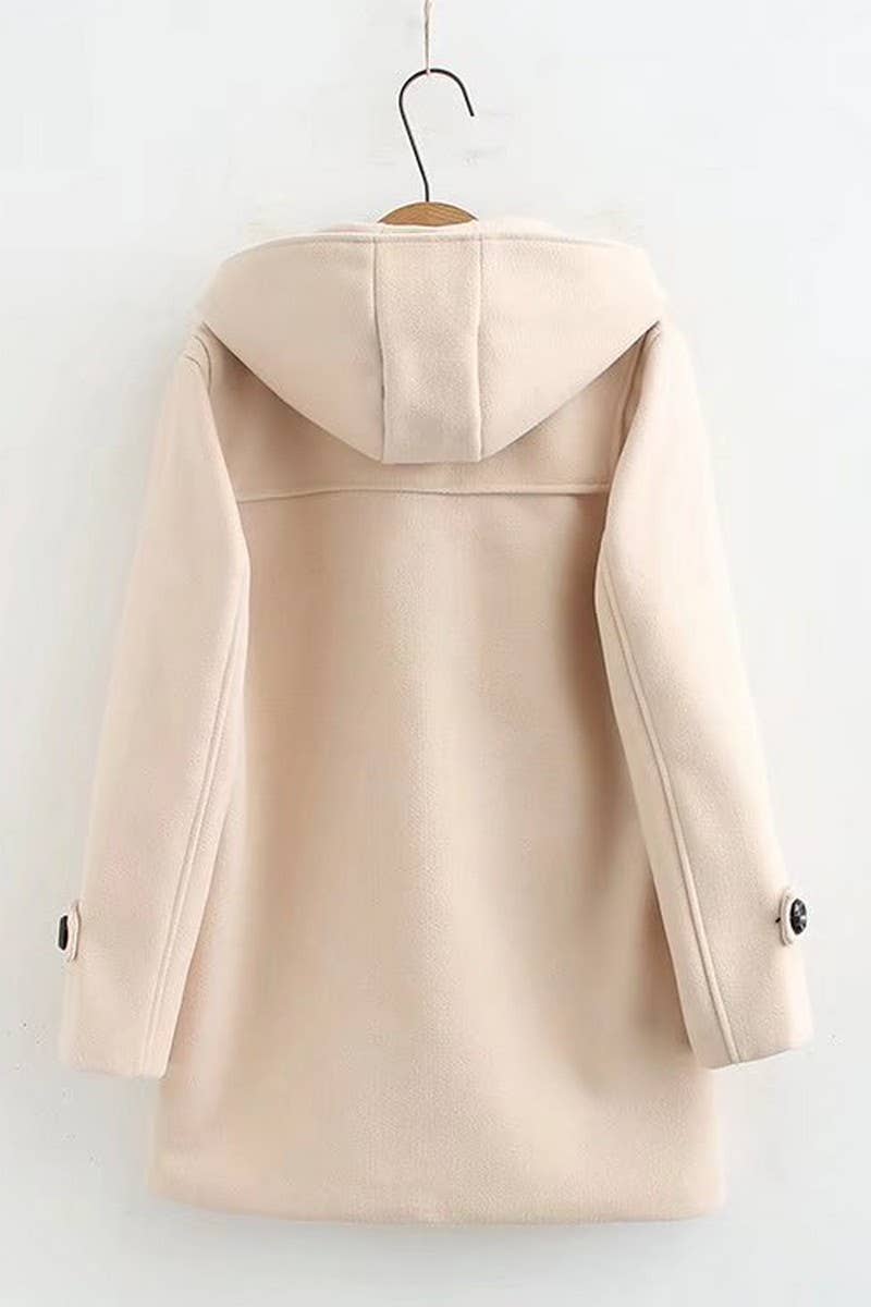 CWOCO0988_DOUBLE WOODEN BUTTON HOODED WOOLEN COAT
