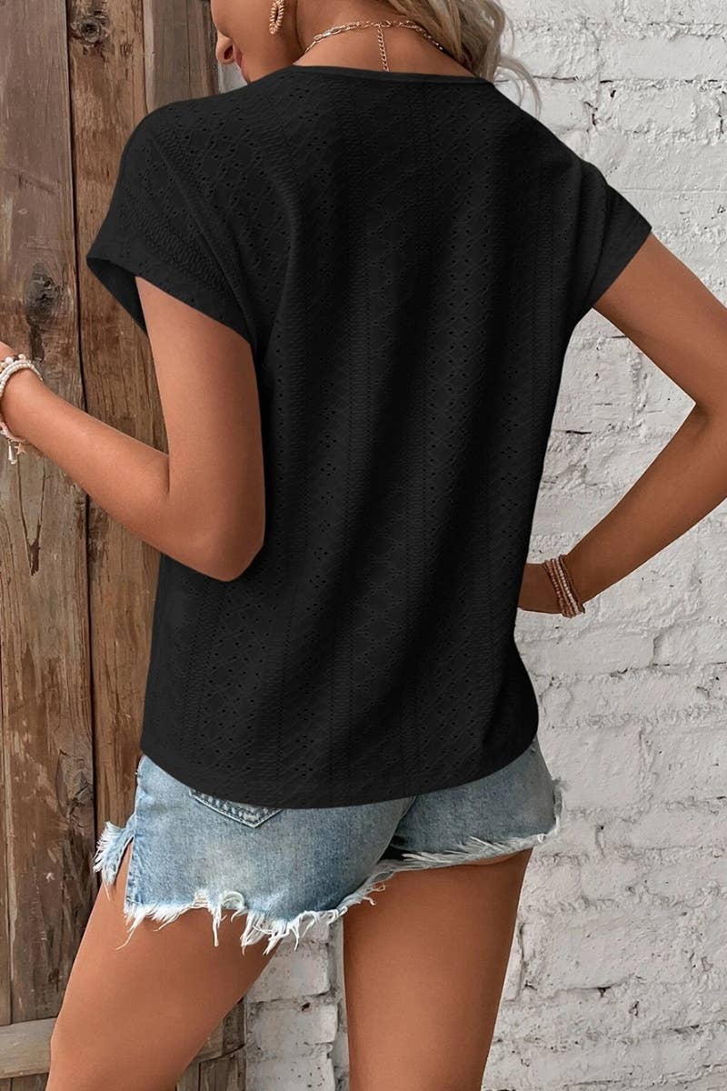 CWTBLS0642_WOMEN'S V-NECK LACE PATCHWORK SHORT-SLEEVED TOP