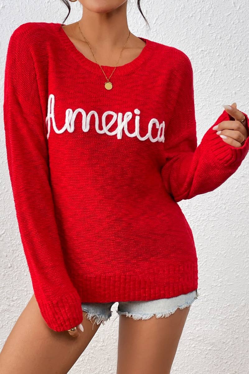 CWOSWL6516_INDEPENDENCE DAY LETTER LONG-SLEEVED SWEATER