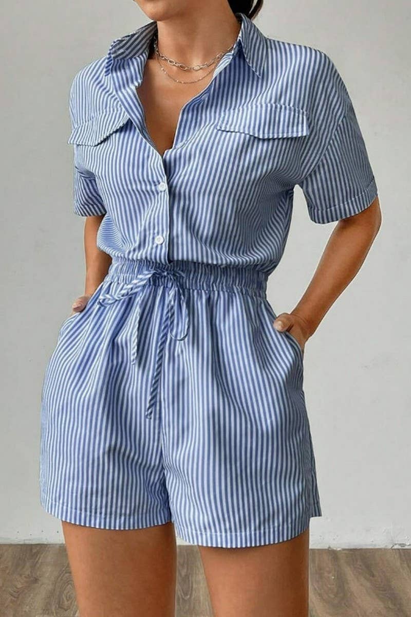 CWSS1216_STRIPED BUTTON CASUAL SHORT SLEEVE WAIST JUMPSUIT