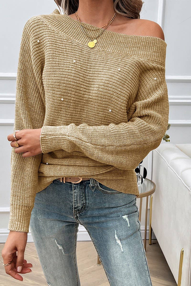 CWOSWL6510_ONE-SHOULDER SOLID COLOR LONG-SLEEVED SWEATER