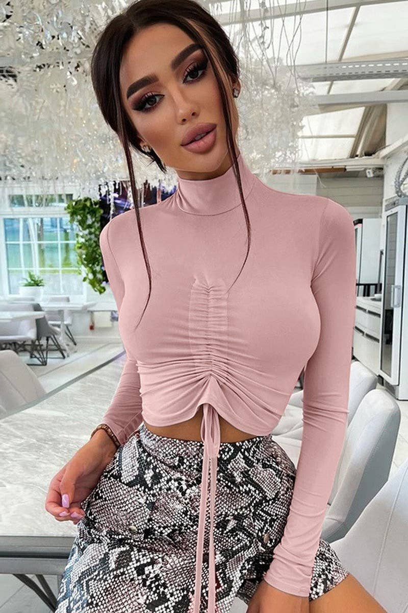 CWTBLL3773_PLEATED MIDRIFF-EXPOSED MOCK NECK LONG SLEEVE TOP