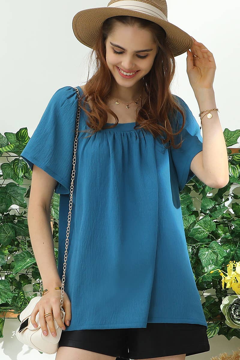 CWTBLS192_SQURE NECK RUFFLE NECK SHORT SLEEVE BLOUSES TOP