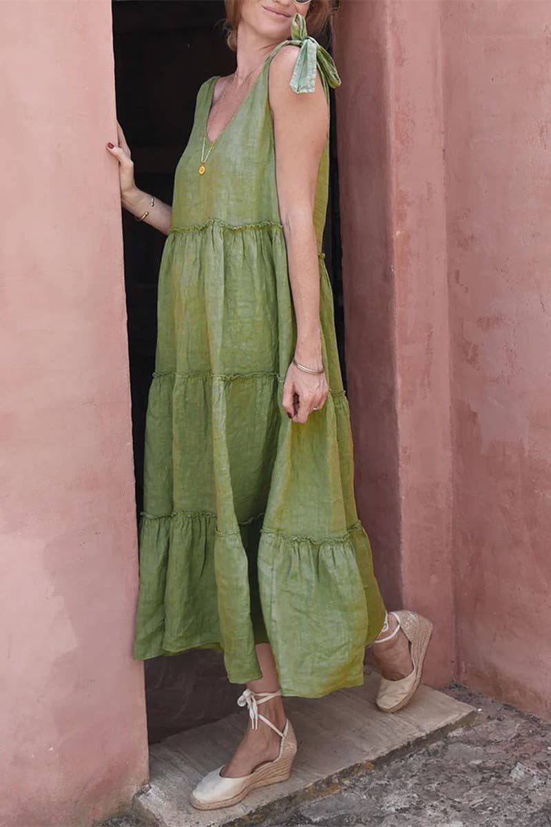 CWDMD2443_SLEEVELESS SOLID COLOR COTTON AND LINEN DRESS