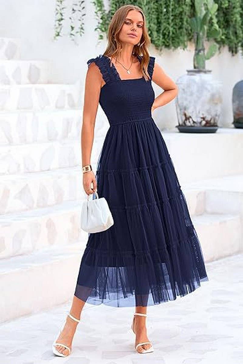 CWDHL1088_SLEEVELESS PLEATED MESH PANELED PUFFY VEST DRESS