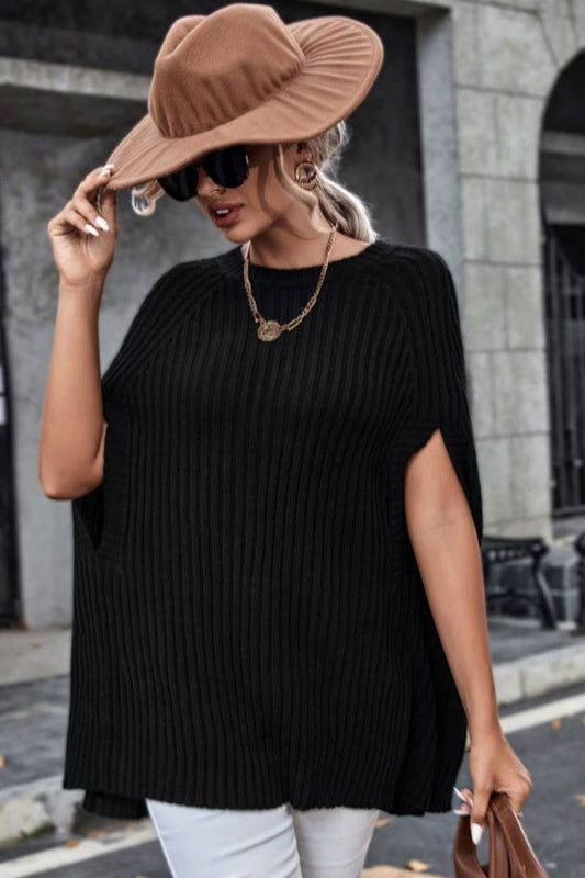 CWOSWL6433_CREW-NECK SWEATER CAPE WITH SLIT SLEEVES