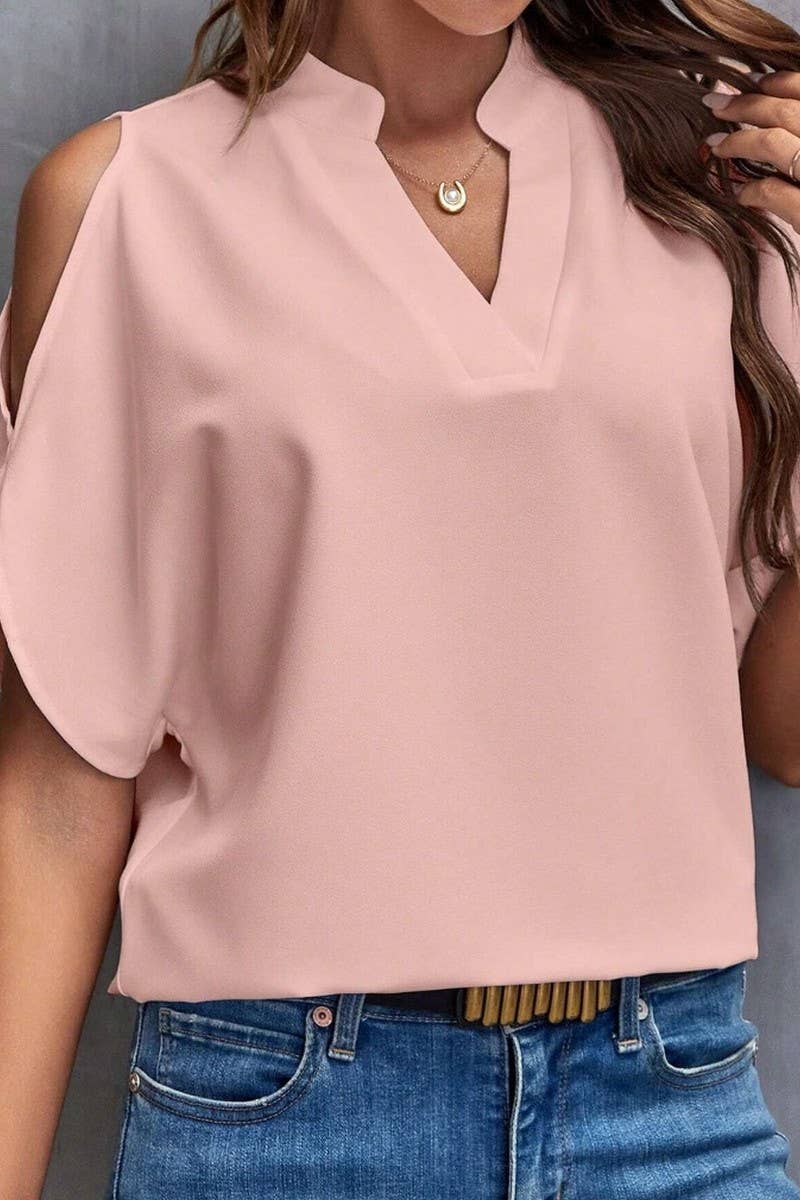 CWTBLS0609_SOLID COLOR V NECK OFF SHOULDER LOOSE CHIFFON TOP