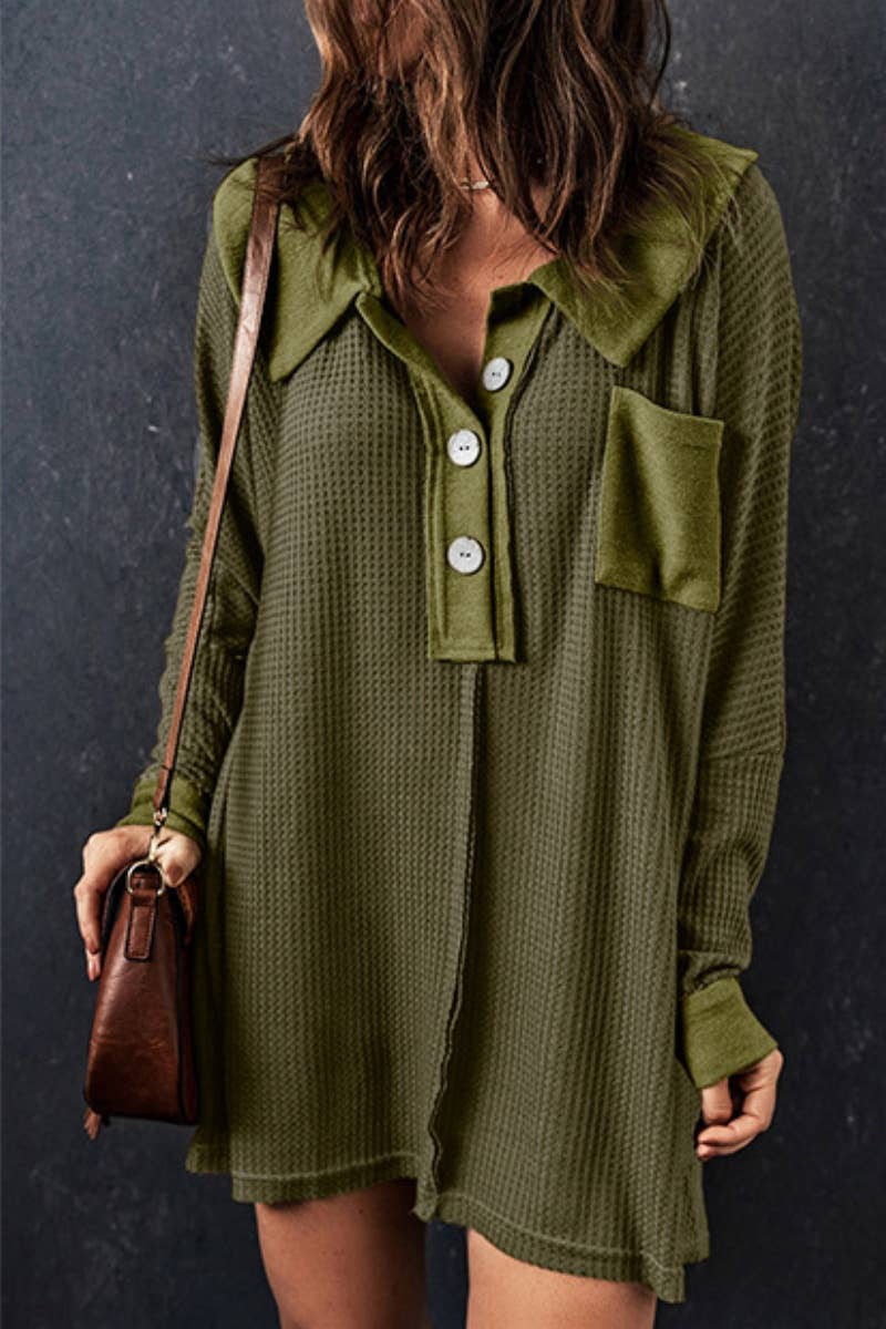 CWOSWL6707_WAFFLE BUTTON POCKET LONG SLEEVE BLOUSE