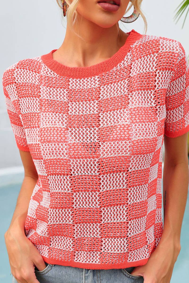 CWTBLS1750_SUMMER PLAID HOLIDAY CASUAL CREW NECK SHIRT