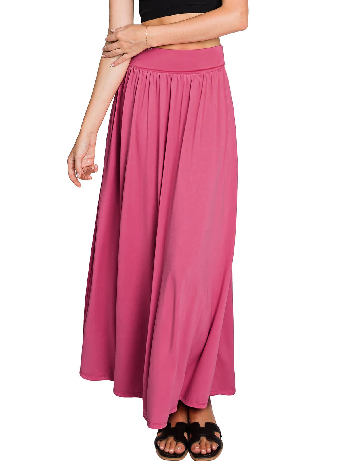 AWBLS089_High Waist Elastic Closure Gather Maxi Skirt