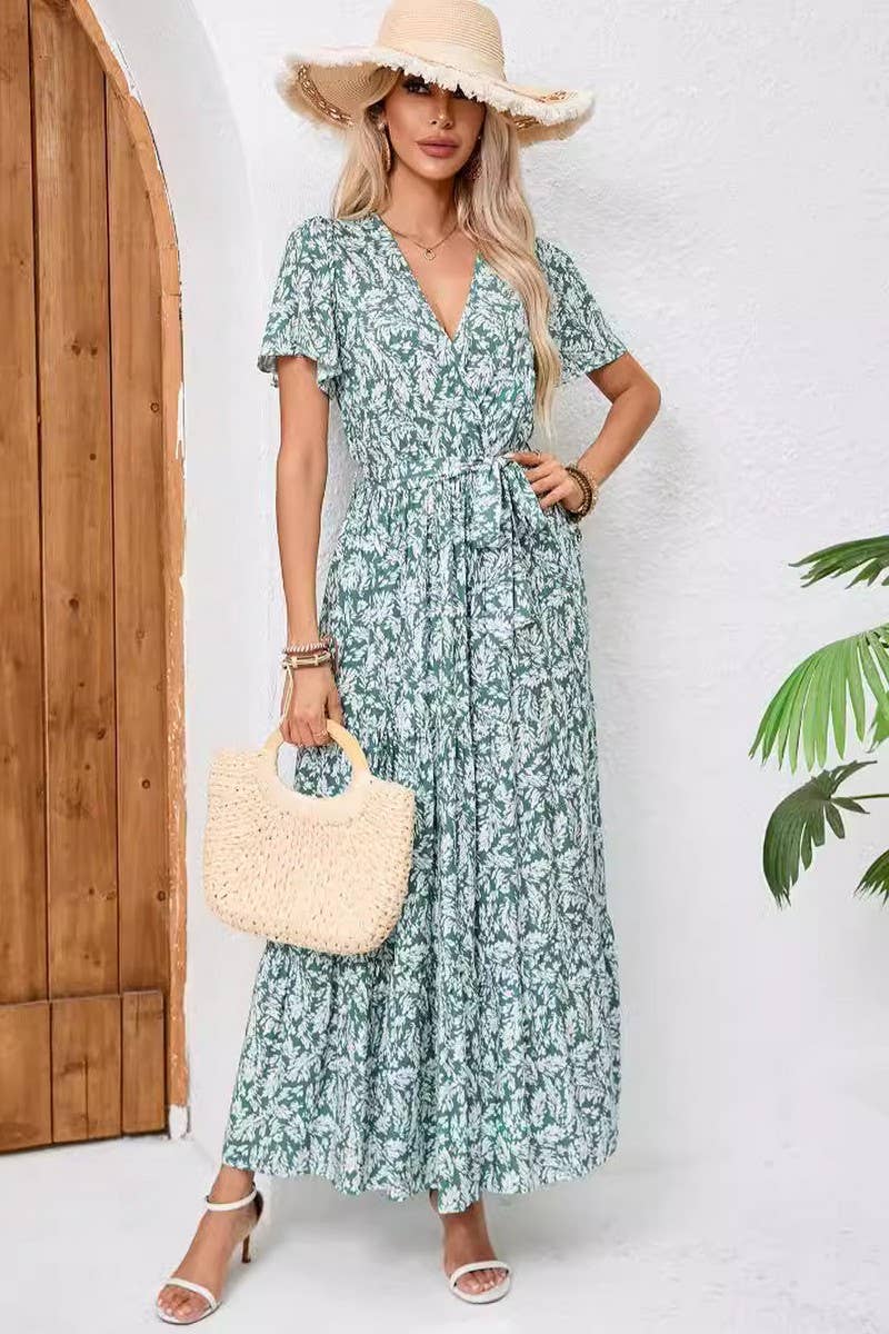 CWDMD4122_BOHEMIAN V-NECK TIE-UP PRINTED BEACH DRESS