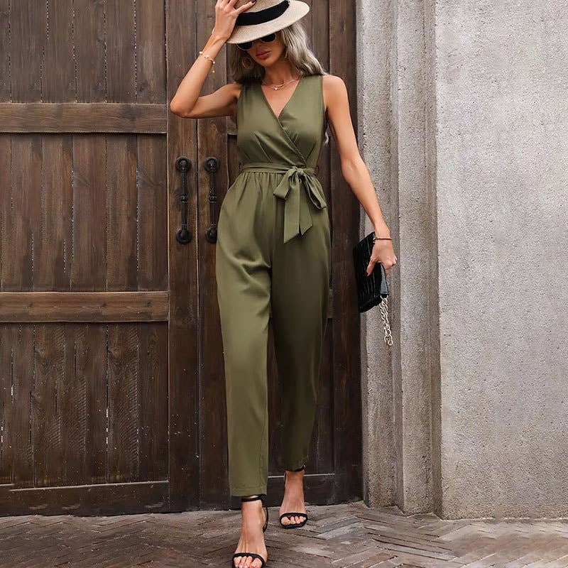Cross-neck waistband jumpsuit