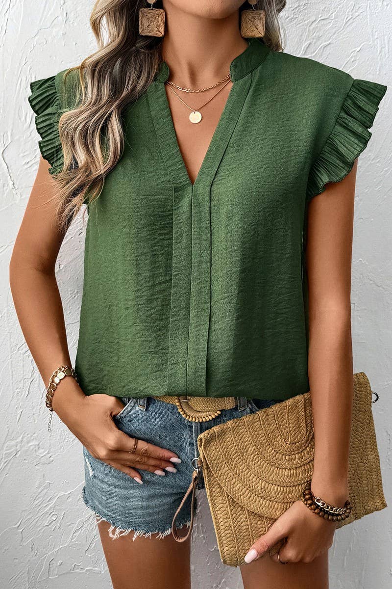 CWTBLS1850_SOLID COLOR CASUAL V-NECK FLOWY SLEEVE TOP