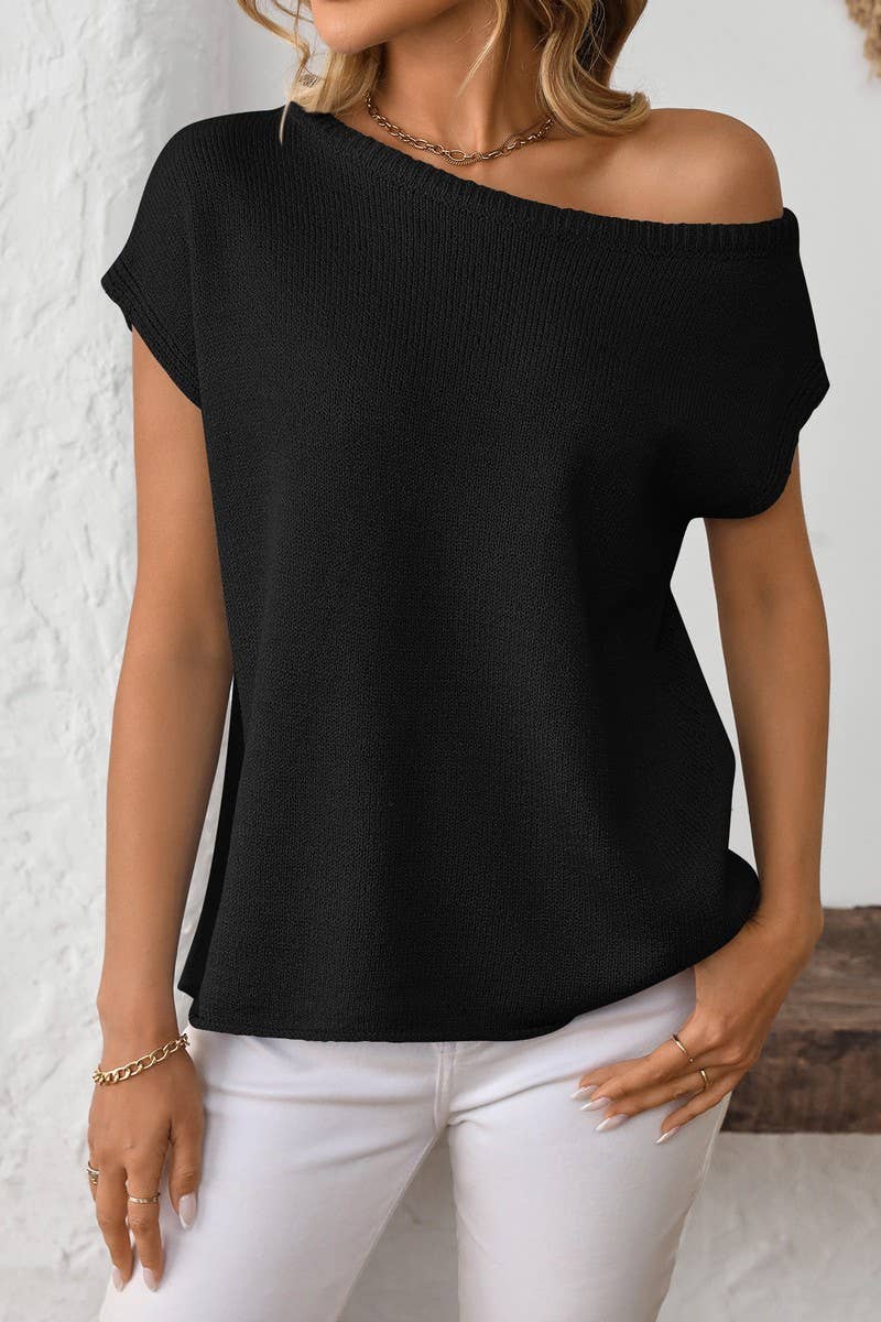 CWOSWS0129_SOLID COLOR KNITTED SHORT-SLEEVED PULLOVER TOP