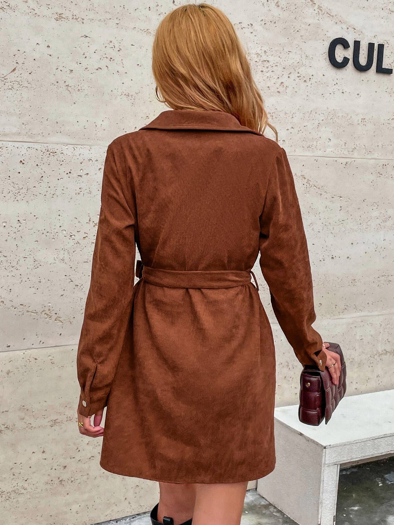 CASUAL CORDUROY SHIRT DRESS WITH LOOSE WAISTBAND