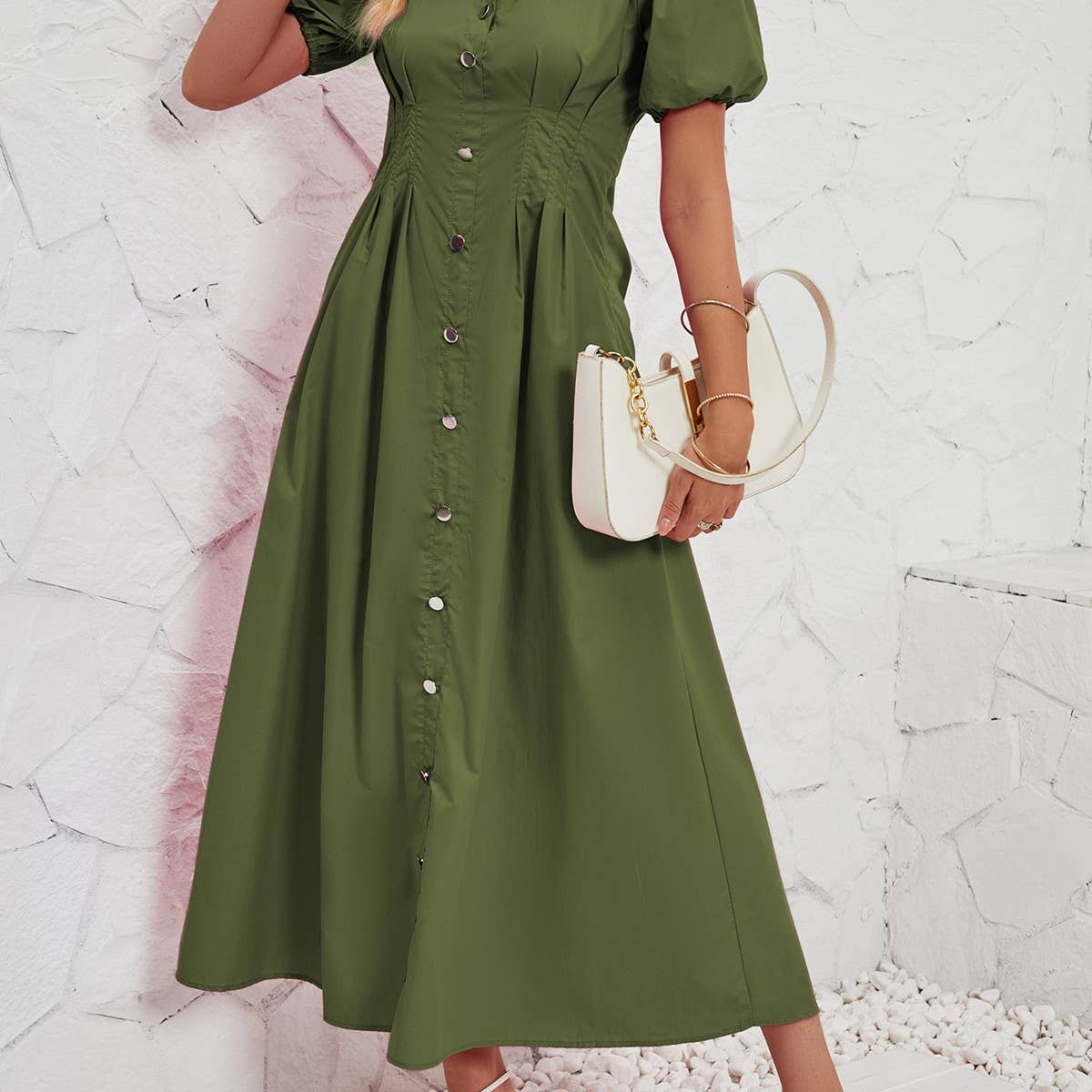 Button-down waist cotton shirt dress