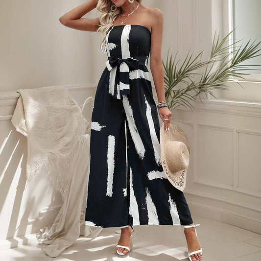 Brush-print strapless strapless jumpsuits