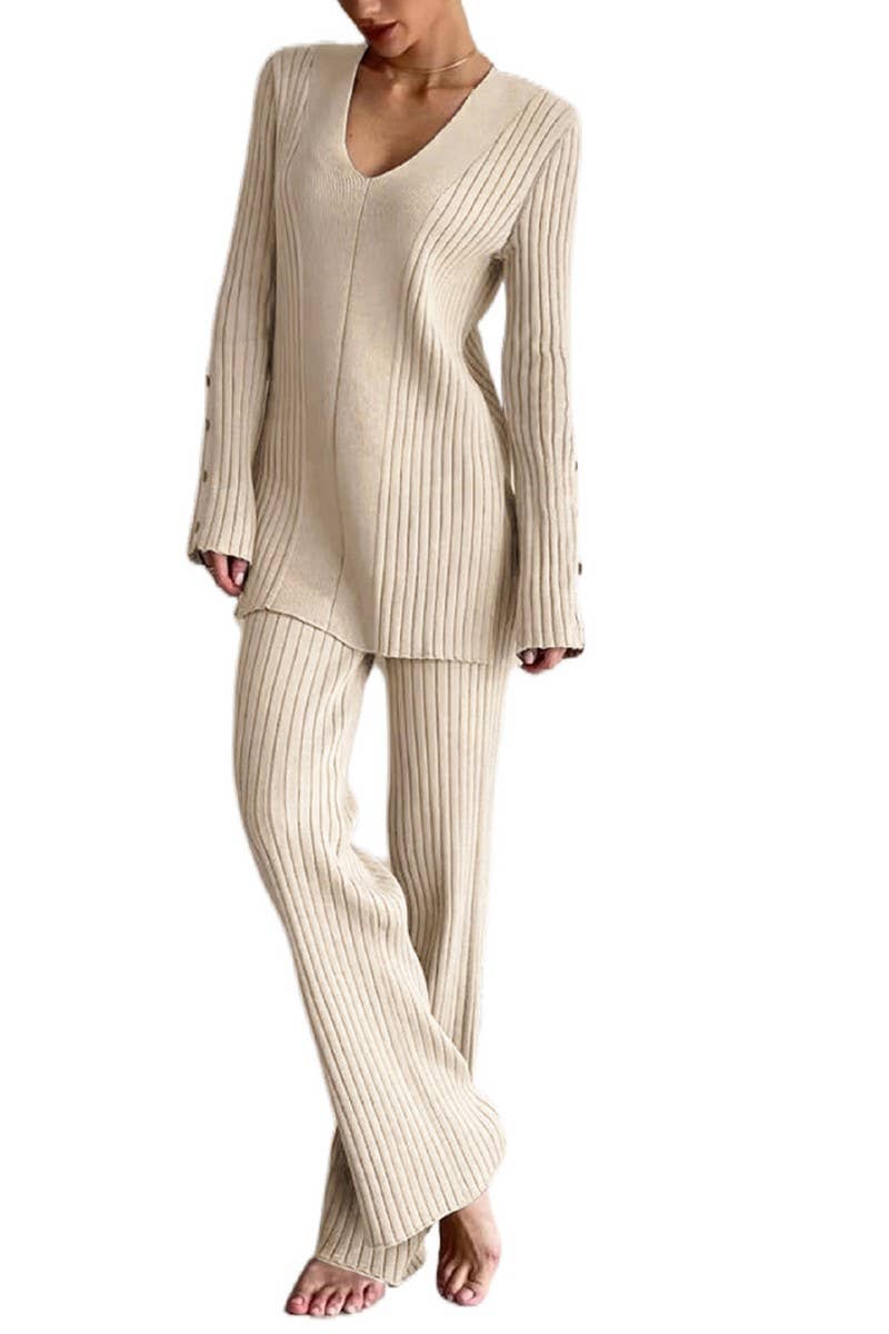 CWSTB1437_V-NECK KNITTED LONG-SLEEVED TROUSERS CASUAL SUIT