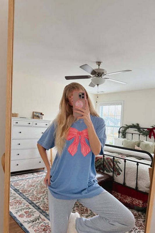 CWTTS1564_CREW NECK LOOSE FIT BOW PRINT SHORT SLEEVE TEE