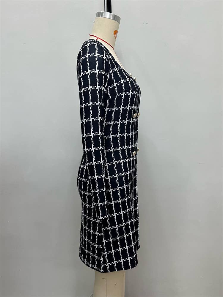 Elegant commuter square collar plaid print dress